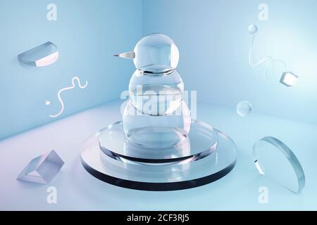 pupazzo di neve trasparente in vetro 3d da tre sfere rotonde ad angolo geometrico, sul podio, accanto a figure fly, illuminato da neon. Il concetto di Capodanno. Foto Stock