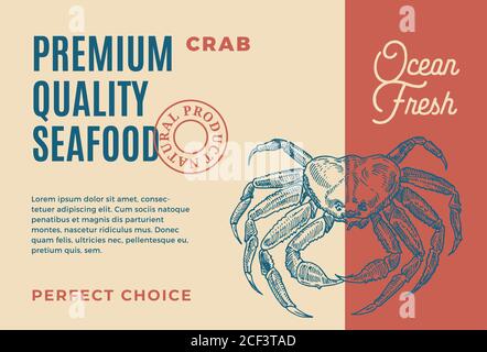 Pesce di alta qualità. Disegno o etichetta astratta del packaging vettoriale. Tipografia moderna e Silhouette Crab disegnata a mano Layout di sfondo Illustrazione Vettoriale