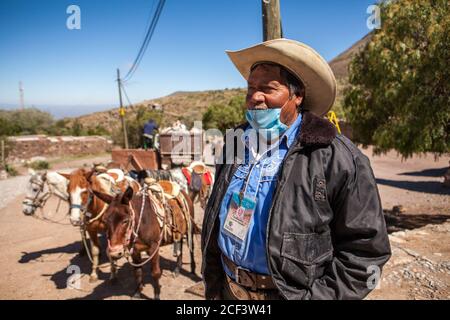 Real De Catorce, Messico. 13 giugno 2020. Tour a cavallo-guida indossando una maschera facciale come misura preventiva.anche se il numero di visitatori non è paragonabile a quelli prima della pandemia di Covid-19, Real de Catorce nello Stato di San Luis Potosí ha lentamente iniziato a riavviare l'economia, soprattutto dove il turismo è la principale fonte di reddito. Credit: SOPA Images Limited/Alamy Live News Foto Stock