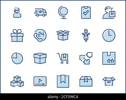 Icona della linea vettore di spedizione. Contiene simboli da casella, casa e altro ancora. Traccia Modificabile. 32x32 pixel. Illustrazione Vettoriale