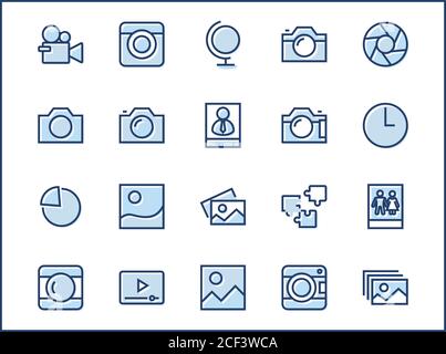 Set di telecamere e foto, icone della linea vettoriale. Contiene simboli di ritratti e foto di famiglia e molto altro ancora. Traccia Modificabile. 32x32 pixel. Illustrazione Vettoriale