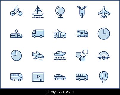 Set Di Icone Della Linea Vettoriale Correlate Al Trasporto Pubblico. Contiene icone come autobus, bici, scooter, auto, mongolfiera, Camion, Tram, Trolley, barca a vela, barcha a motore, Illustrazione Vettoriale