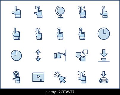 Fare clic su insieme di pulsanti icone vettoriali correlate. Contiene icone come cursore, mouse, mano, dito indice, freccia e altro. Tratto modificabile. Prestazioni 32 x 32 pixel Illustrazione Vettoriale