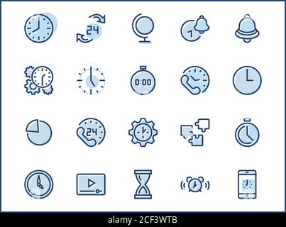 Set di icone della linea vettoriale temporale. Contiene icone come Timer, Speed, Alarm, Restore, Time Management e molto altro. Tratto modificabile. 32x32 pixel Perfect Illustrazione Vettoriale