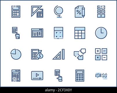 Set Di Icone Della Linea Vettoriale Di Calcolo. Contiene icone come icona calcolatrice, matita, Clic, Money Bag, Simbolo Percentuale, quadrato e righello. Str. Modificabile Illustrazione Vettoriale