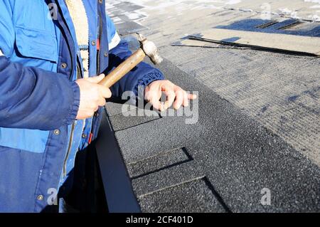 Mani di lavoro che installano tegole bituminose con martello e chiodi. Foto Stock