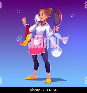Casalinga occupata con molte mani. Concetto di lavoro domestico e multitasking. Donna vettoriale cartone animato con piatto da cucina, biberon e smartphone in braccio. Pulizia multitasking Illustrazione Vettoriale