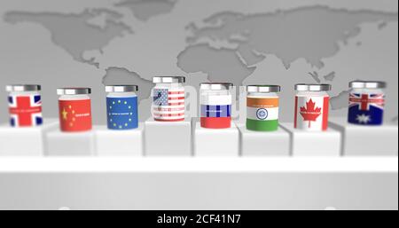 Grafico a barre 3D che rappresenta i paesi del mondo che cercano il vaccino contro la corona. Corsa del vaccino del virus corona. Foto Stock