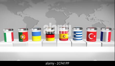 Grafico a barre 3D con i paesi europei in linea per il vaccino corona virus. Corsa del vaccino del virus corona. Illustrazione 3D Foto Stock