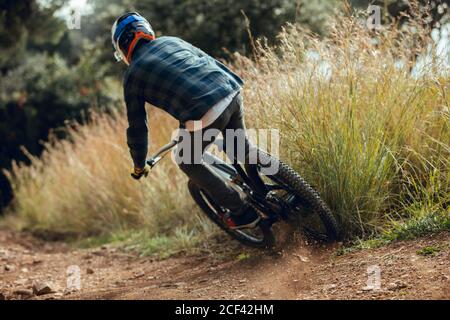 Vista posteriore di un uomo irriconoscibile nel casco in discesa durante pratica di mountain bike nella foresta di legno Foto Stock