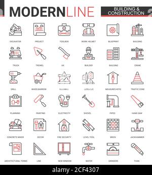 Costruzione costruzione sottile rosso nero linea icone vettoriale set di illustrazione, delineare costruzione sito web simboli raccolta con costruttori attrezzi e attrezzature gru, sviluppo di architettura cittadina Illustrazione Vettoriale