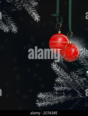 Drammatica carta di Natale di Capodanno con palle rosse appese baubles con decorazione d'oro su sfondo bianco e nero di albero di Natale rami illustrazione 3D. Posiziona per il testo Foto Stock