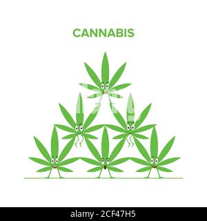 Cannabis, concetto di design piatto di marijuana. Fumetto personaggio divertente. Divertente sorridente buona marijuana. Icona foglie verdi. Illustrazione vettoriale isolata su a. Illustrazione Vettoriale