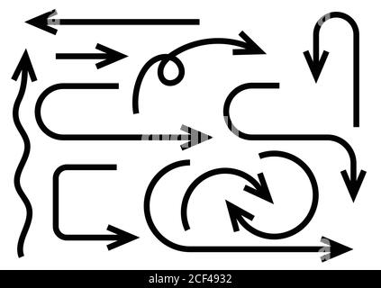 Frecce nere. Set di isolati su sfondo bianco. Frecce curve vettoriali Illustrazione Vettoriale