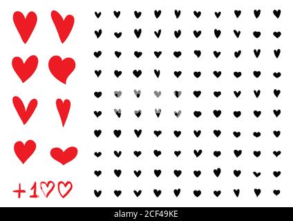 Icone rosse del cuore disegnate a mano insieme vettoriale isolato su sfondo bianco. Per San Valentino, banner, poster e sfondo. Raccolta di cuori per crea Illustrazione Vettoriale