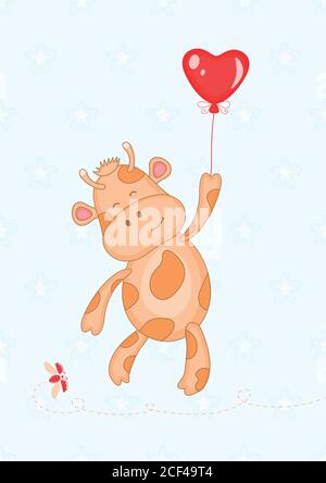 Divertente mucca che vola con un pallone su un motivo senza cuciture blu stellare. Ladybug volante. Illustrazione Vettoriale