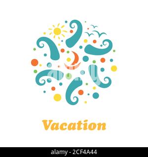 Concetto di logo per le vacanze estive in forma circolare. Località balneare, onde, montagne, sole e palme. Paradise Beach segno grafico a colori. Abstr. Vettore Illustrazione Vettoriale