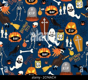 Halloween 2020 Corona modello senza giunture. Ripetizione sfondo Halloween notte. Strega, scheletro, fantasma, zucche indossano maschere per il viso. Design Spooky Foto Stock