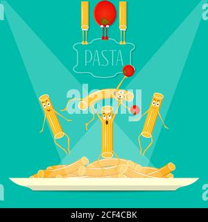 L'illustrazione sul tema della pasta. Personaggi in forma di pasta ai vari poster e materiali promozionali. Illustrazione Vettoriale