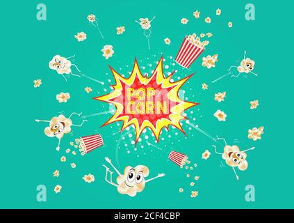 Pop corn espagante. Cartone animato simpatico popcorn personaggio per il fastfood design. Illustrazione del vettore popcorn. Illustrazione Vettoriale