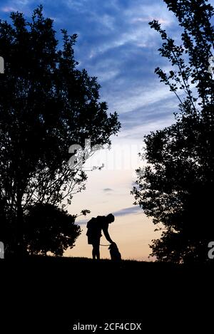 Silhouette nera di proprietario irriconoscibile carezzando cane obbediente al guinzaglio mentre si trova in cima a una collina tra alberi scuri e lussureggianti fogliame contro il cielo nuvoloso colorato al crepuscolo Foto Stock