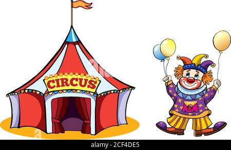 Clown, circo, big top, harlequin, immagini di clown divertenti e divertenti, spettacolo circo, vacanza divertente, infanzia, spettacolo, giocattolo, illustrazione Illustrazione Vettoriale