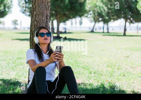 Donna pacifica in occhiali da sole e cuffie con smartphone e ascoltare musica mentre si siede sull'erba nel parco Foto Stock