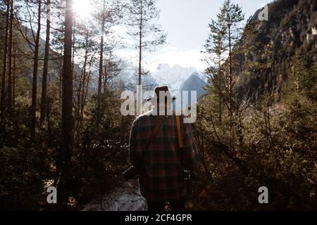 Vista posteriore di un uomo anonimo in un abbigliamento casual in piedi Con macchina fotografica professionale che delizia in vista della foresta con le Dolomiti Montagne sullo sfondo in Italia Foto Stock