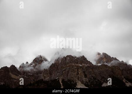Pineta con potente grande scogliera e cielo sovrastato Sfondo delle Dolomiti in Italia Foto Stock