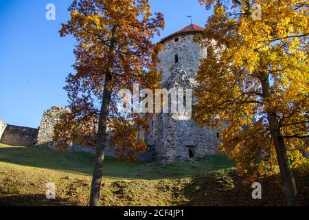 Parco autunnale con rovine del vecchio castello a Cesis, Lettonia. 13 ° secolo Antico Castello Livoniano Foto Stock