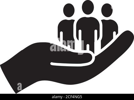 pittogramma persone in piedi su una mano icona su sfondo bianco, stile silhouette, illustrazione vettoriale Illustrazione Vettoriale