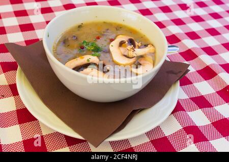 Minestra di crema di funghi in ciotola bianco Foto Stock