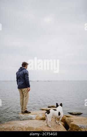 Vista posteriore dell'uomo adulto e avvistato bulldog francese in piedi su massi e guardando il mare increspato contro il grigio cielo Foto Stock