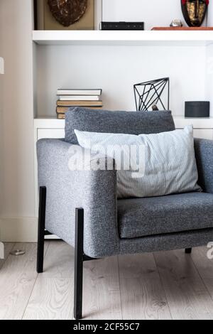 Comodi posti a sedere grigi situati vicino al caminetto e libreria in un ambiente accogliente soggiorno in elegante appartamento Foto Stock