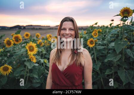 Ritratto di giovane donna sorridente in piedi nel campo di girasole durante tramonto Foto Stock