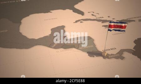 Bandiera sulla mappa della Costa Rica. Mappa d'epoca e bandiera del rendering 3D della serie dei paesi dell'America centrale e dei Caraibi Foto Stock