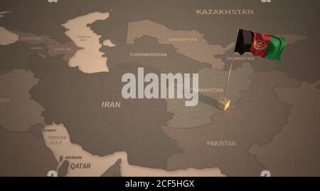 Bandiera sulla mappa dell'Afghanistan. Mappa vintage e bandiera dei paesi asiatici Serie 3D rendering Foto Stock