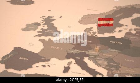 Bandiera sulla mappa dell'Austria. Mappa vintage e bandiera dei paesi europei rendering 3D serie Foto Stock