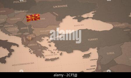 Bandiera sulla mappa della Macedonia del Nord. Mappa vintage e bandiera dei paesi europei rendering 3D serie Foto Stock