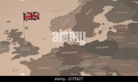 Bandiera sulla mappa del Regno Unito. Mappa vintage e bandiera dei paesi europei rendering 3D serie Foto Stock
