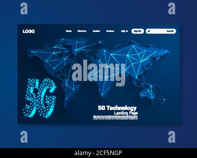 Pagina di destinazione della tecnologia di rete globale 5G con mappa del mondo, interfaccia, vettore, illustrazione, file eps 10 Illustrazione Vettoriale