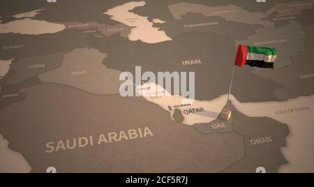 Bandiera sulla mappa degli Emirati Arabi Uniti. Mappa vintage e bandiera dei paesi del Medio Oriente rendering 3D serie Foto Stock