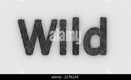 Wild - 3d word gray su sfondo bianco. Rendere le lettere di furry. Capelli. Pelliccia di wilds. Modello di disegno del logo dell'emblema. Animali selvatici, feeling e relazioni. Foto Stock