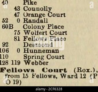 . Registro di Boston e directory commerciale. M 121 Federal,* Ward 5 (P o 9)Federal Road (W. R.), Ward 23 (P0 32)FelltUK Plaee (Roibury Crossing), trom UOB tre. mont,« Ward 13 (P o 20)** Fellows (Rox.), trom W Mortnampton • a 24 Webber Ward 12 (P o 19) 2 1 Nortnompton •5 Tilton. Felton Place (Rox.), tt2174 Wa«hinffton,« Ward 12(P0 19) Feucourt (Back Bay), tr.407a Uuntington Av.» a 230Uemenway, Ward 7 (P 0 17) •Fenelou (Grove Hall), IT. 23 Faulkner Circle65 Freeman fVom 23 Faulkner,(P0 22)Favre (Mat.), tr. Messingito 159 Oakland,* Ward 24 ( •Fay Sq. (Chsn) junctio:di Bunker Hill. Main an^Medford. Foto Stock