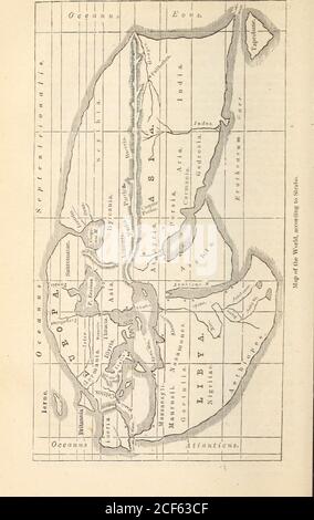 . Il manuale dello studente di geografia antica, basato sul Dizionario di geografia greca e romana, sferico, concentrico con l'esterno del cielo, ma immobile. Egli riconosce cinque zoDes, di cui il nord era inabitabile da freddo estremo, eil sud da caldo estremo: Divide la terra in due emisferi all'equatore; e il mondo abitabile anche in due parti invece di tre. La mappa del mondo, come lo scrive Strabo, è difettosa sotto molti aspetti: La Baia di Biscaglia è completamente omessa, e la costa si stende regolarmente da Spainverso il N.E., bri Foto Stock