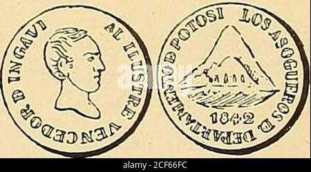 . Monastero americano (ilustrado) classificado. BATALLA DE YNGAI N 718-Anverso £w ¿•/¿?ííw/í?; Yngavi 18 de Noobiembre 1841,dentro de corona. Reverso en el campo: Cruz de cinco brazos y en susángulos hojas, al parecer de palma; en el centro están lasarmas del Perú y Bolivia rodeadas de la inscripción: VencienYanacocha- • Auciliando al Perú. Plata: Peso 44 grammi. 2 decíg. N° 719 - Anverso Leyenda al Defensor D la Independencia Nacional. En el campo: Monumento en el que se levantauna columna con una bandera; debajo: J) 1841. Reverso Leyenda Grattud del Departamento j)Potosi. En el campo: Cerros y u Foto Stock