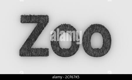 Zoo - 3d parola grigio su sfondo bianco. Rendere le lettere furry. Animali selvatici Zoo, animali al parco safari. Logo emblema modello di design. animali zoo e fo Foto Stock