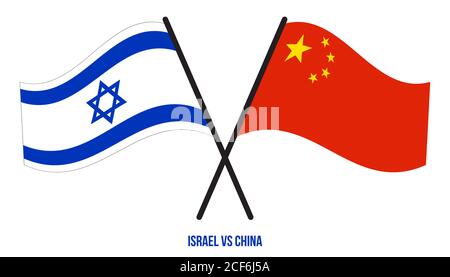 Israele e Cina bandiere attraversate e ondeggianti stile piatto. Proporzione ufficiale. Colori corretti. Illustrazione Vettoriale