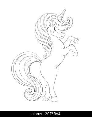 Unicorno, cavallo magico, disegno lineare a mano. Libro da colorare per bambini per attività educative in asilo, inviti, compleanno, vacanze. Illustrazione vettoriale isolata su sfondo bianco Illustrazione Vettoriale