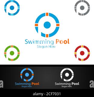Lettera P Logo del Servizio piscina con piscina per le pulizie e. Progettazione del concetto di manutenzione Illustrazione Vettoriale